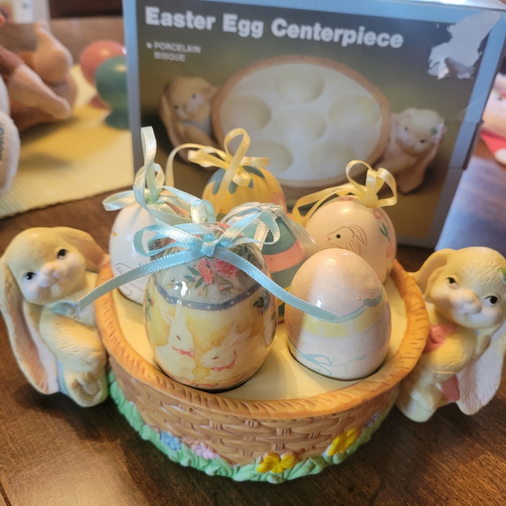 Porcelain Easter Egg Centerpiece with Bunny Accents
